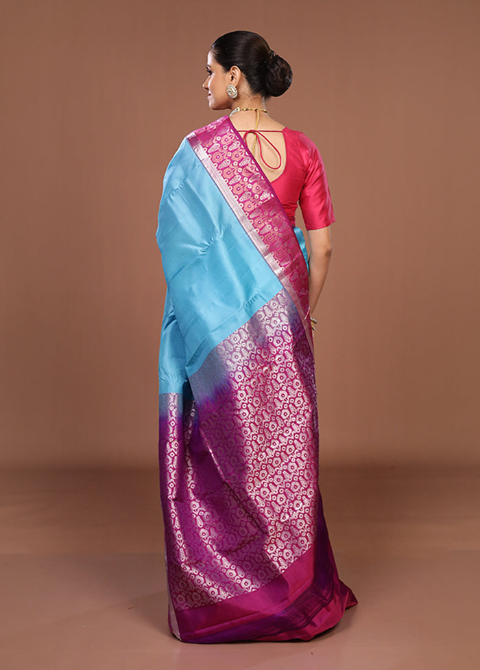 Blue Handloom Kanchipuram Pure Silk Saree With Blouse Piece