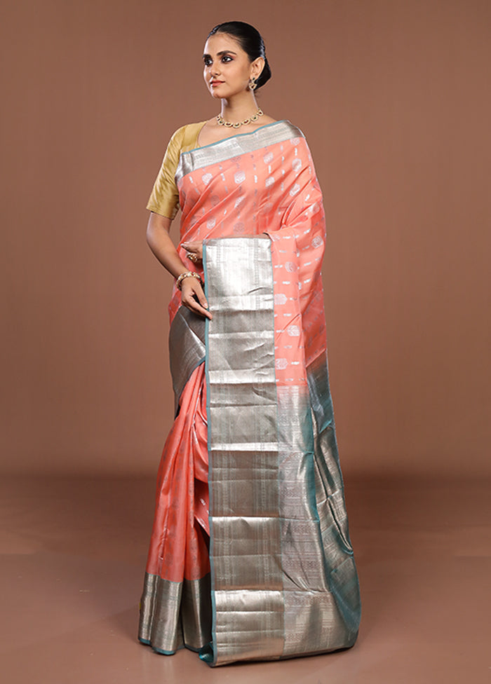 Pink Handloom Kanjivaram Pure Silk Saree With Blouse Piece