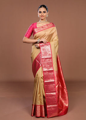 Cream Handloom Kanchipuram Pure Silk Saree With Blouse Piece