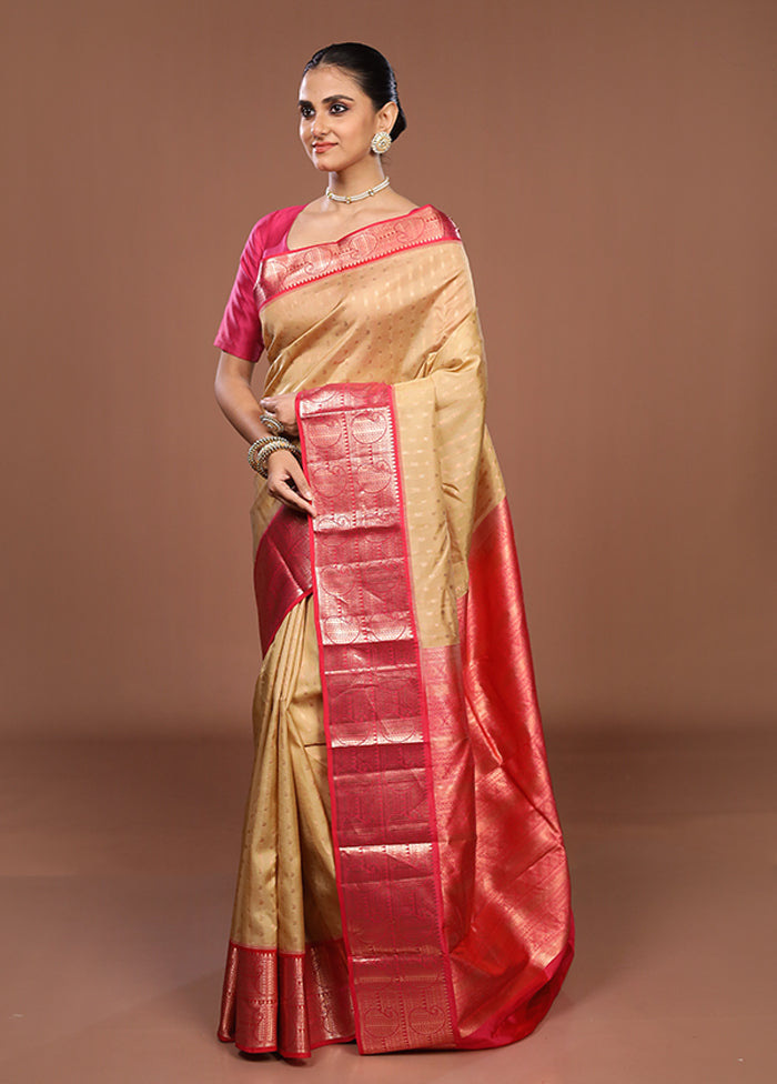 Cream Handloom Kanchipuram Pure Silk Saree With Blouse Piece