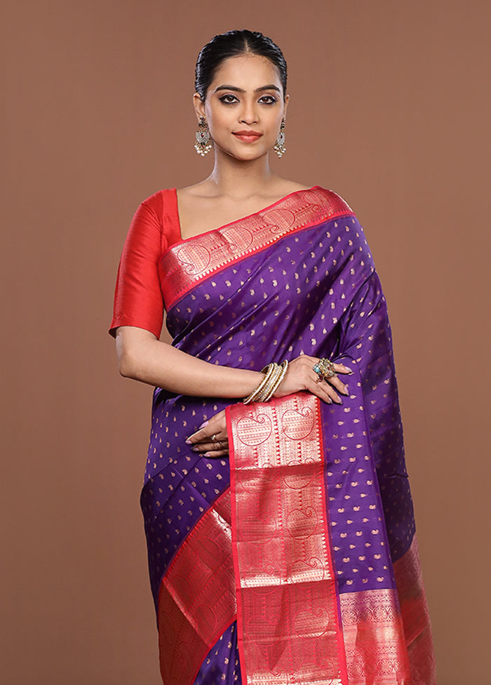 Purple Handloom Kanchipuram Pure Silk Saree With Blouse Piece