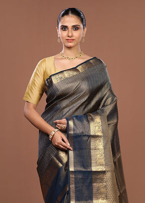 Black Handloom Kanjivaram Pure Silk Saree With Blouse Piece