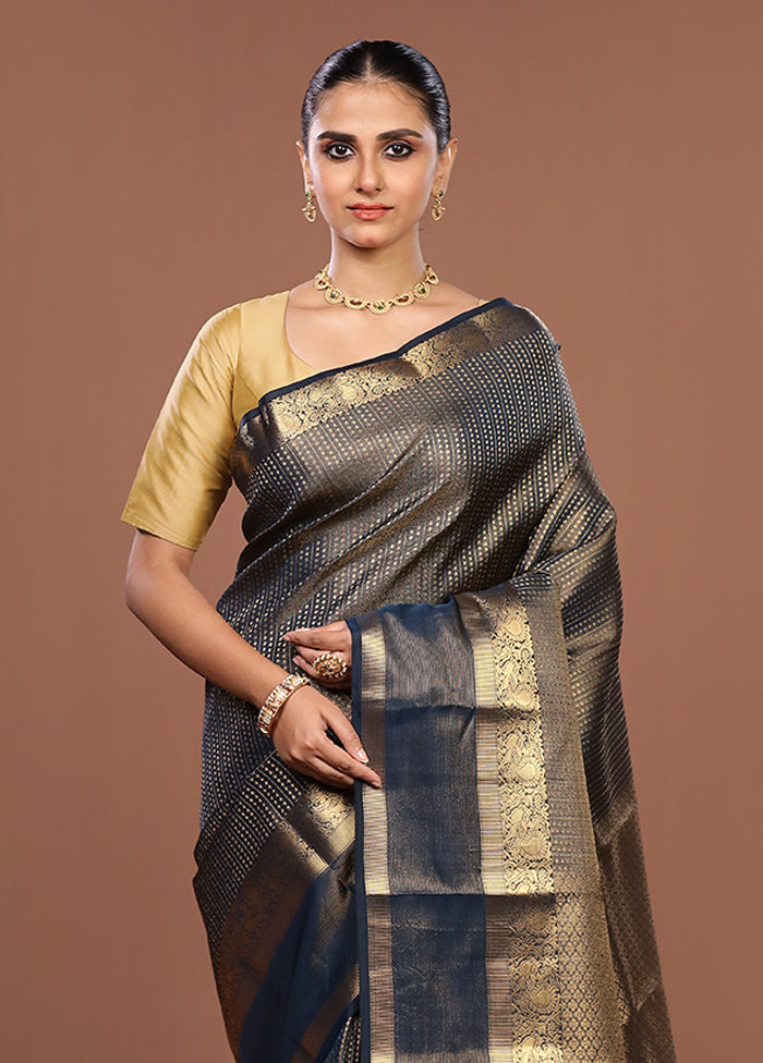 Black Handloom Kanjivaram Pure Silk Saree With Blouse Piece