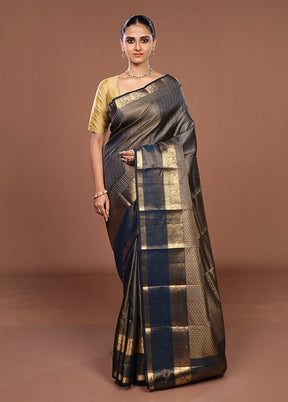 Black Handloom Kanjivaram Pure Silk Saree With Blouse Piece
