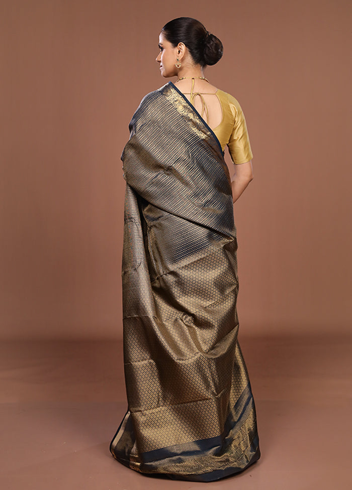 Black Handloom Kanjivaram Pure Silk Saree With Blouse Piece