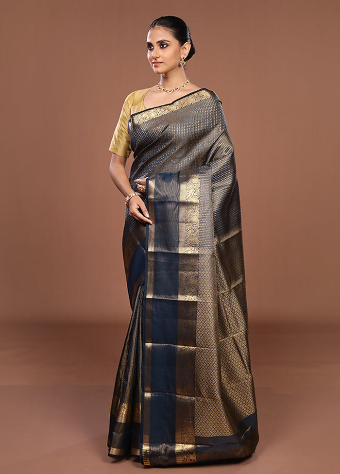 Black Handloom Kanjivaram Pure Silk Saree With Blouse Piece