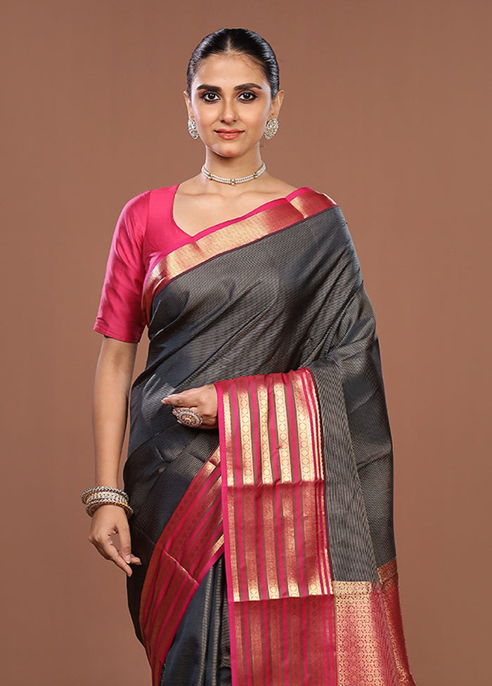 Black Handloom Kanjivaram Pure Silk Saree With Blouse Piece