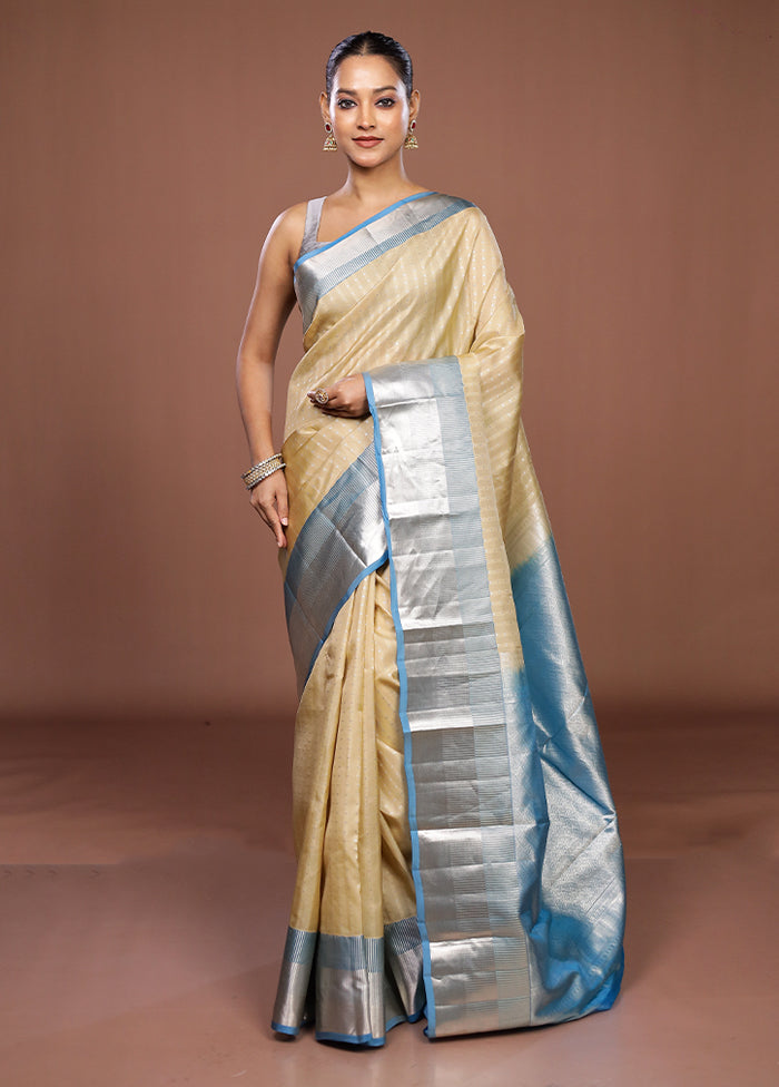 Cream Handloom Kanjivaram Pure Silk Saree With Blouse Piece