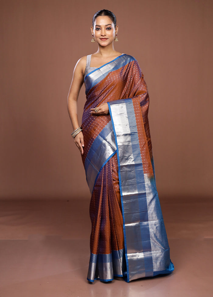 Rust Handloom Kanjivaram Pure Silk Saree With Blouse Piece