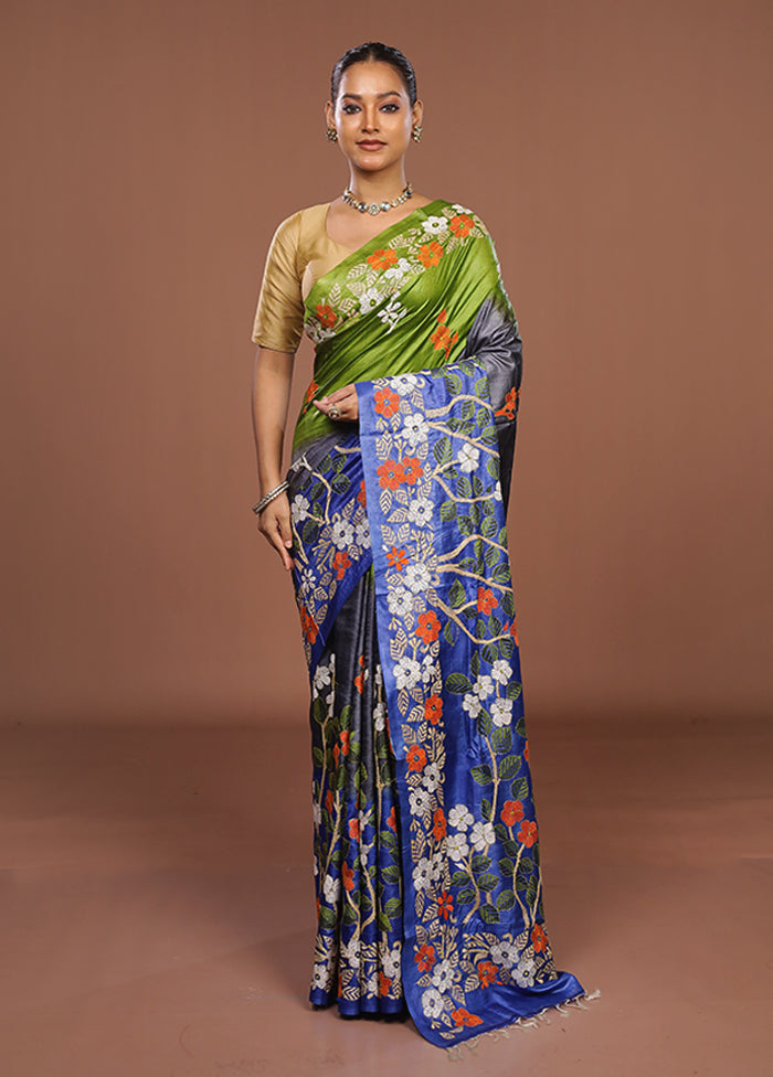 Blue Handloom Kantha Stitch Pure Silk Saree With Blouse Piece