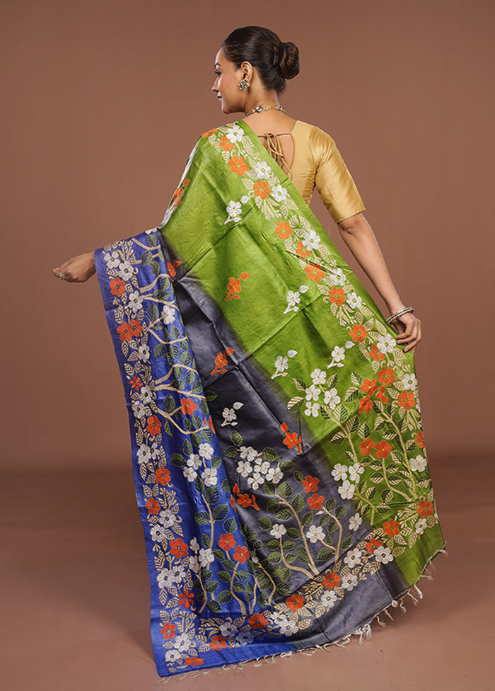 Blue Handloom Kantha Stitch Pure Silk Saree With Blouse Piece