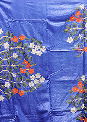 Blue Handloom Kantha Stitch Pure Silk Saree With Blouse Piece