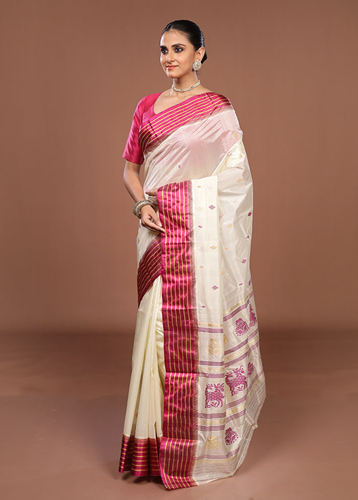 White Garad Silk Saree Without Blouse Piece
