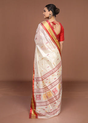 White Garad Silk Saree Without Blouse Piece