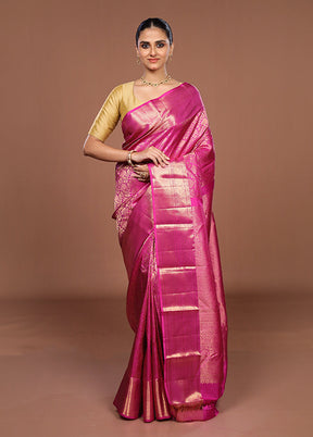 Pink Handloom Kanchipuram Pure Silk Saree With Blouse Piece