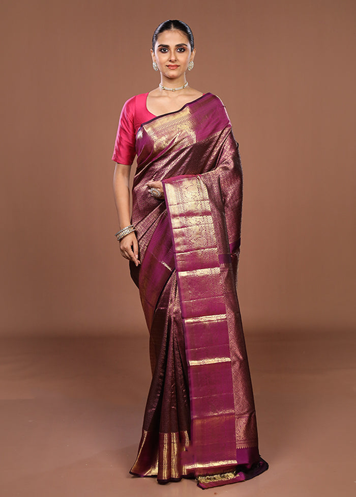 Purple Handloom Kanchipuram Pure Silk Saree With Blouse Piece