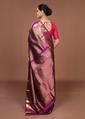 Purple Handloom Kanchipuram Pure Silk Saree With Blouse Piece