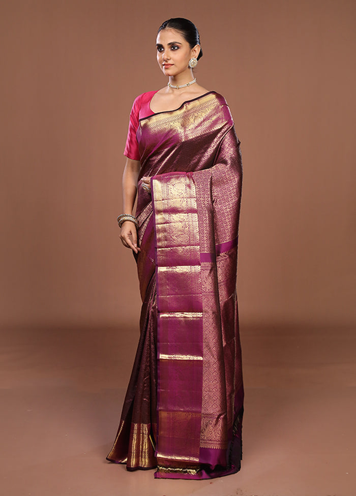 Purple Handloom Kanchipuram Pure Silk Saree With Blouse Piece