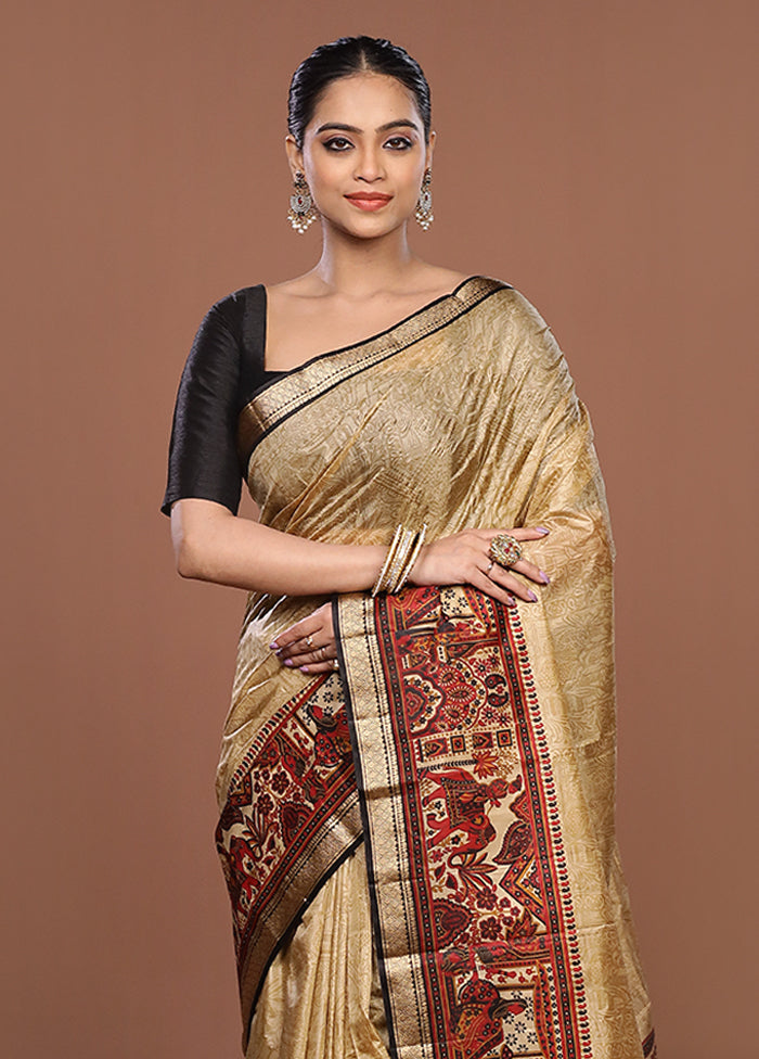 Cream Printed Pure Silk Saree Without Blouse Piece