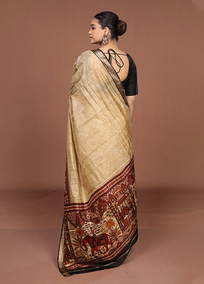 Cream Printed Pure Silk Saree Without Blouse Piece