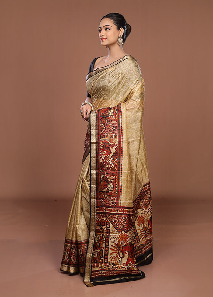 Cream Printed Pure Silk Saree Without Blouse Piece
