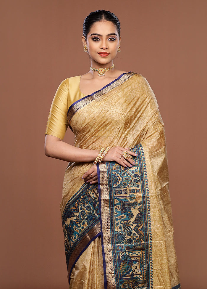 Cream Printed Pure Silk Saree Without Blouse Piece