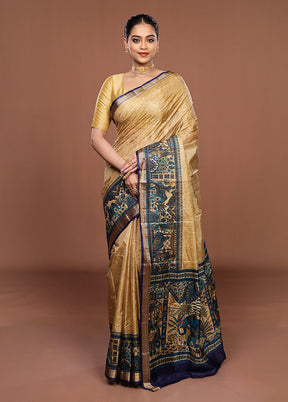Cream Printed Pure Silk Saree Without Blouse Piece