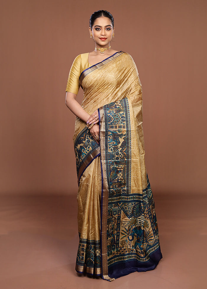 Cream Printed Pure Silk Saree Without Blouse Piece
