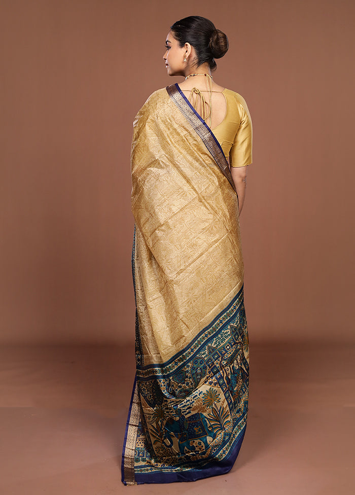 Cream Printed Pure Silk Saree Without Blouse Piece