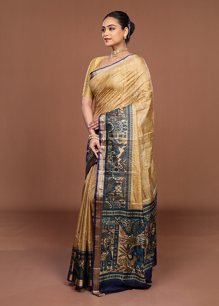 Cream Printed Pure Silk Saree Without Blouse Piece