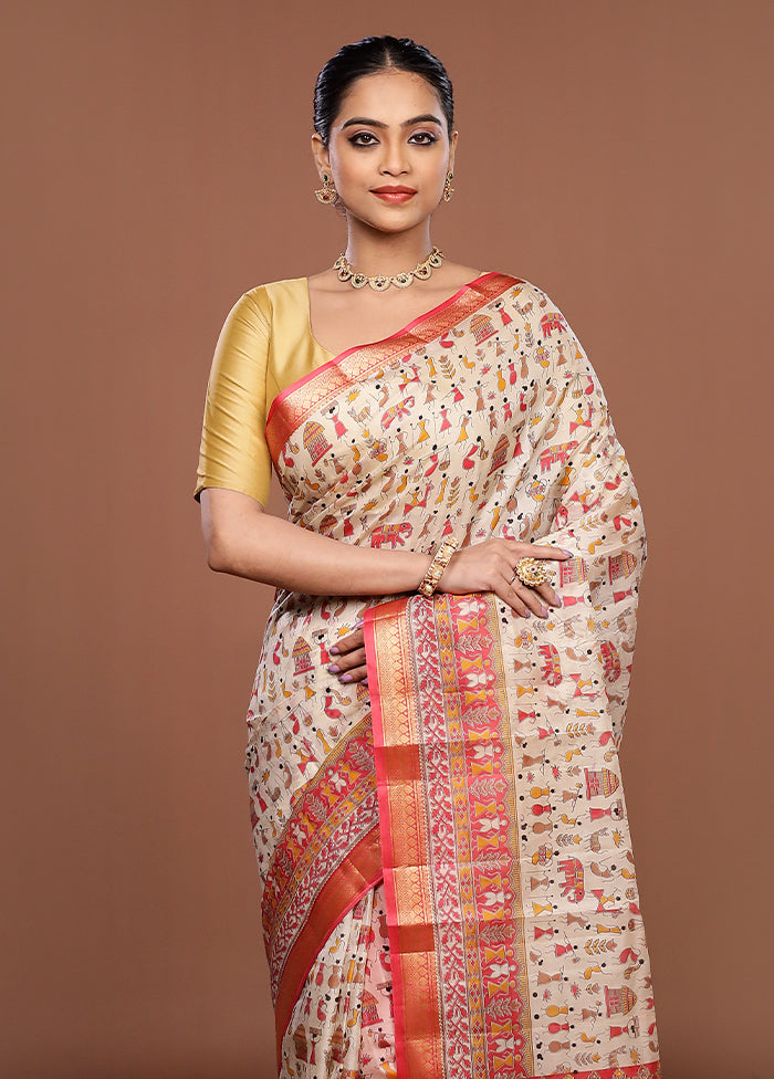 Cream Printed Pure Silk Saree Without Blouse Piece