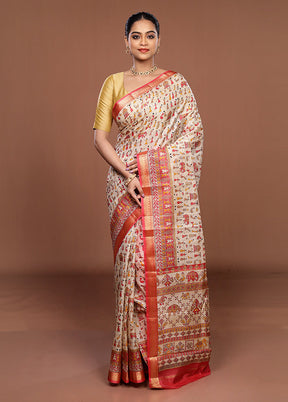 Cream Printed Pure Silk Saree Without Blouse Piece
