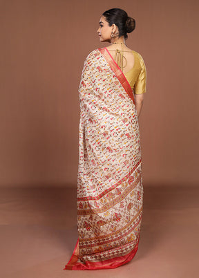 Cream Printed Pure Silk Saree Without Blouse Piece
