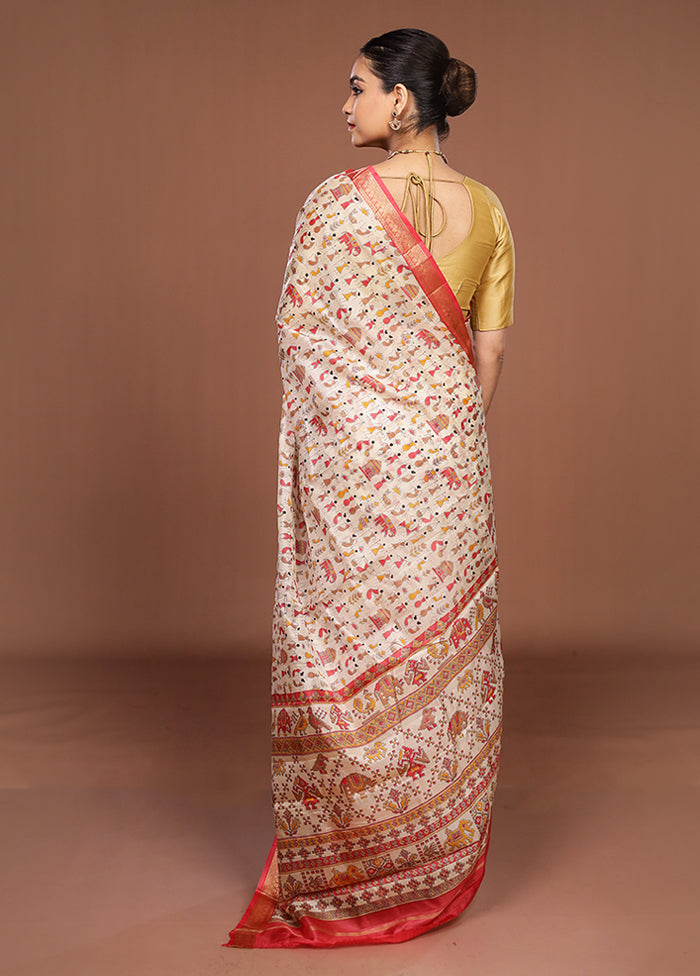 Cream Printed Pure Silk Saree Without Blouse Piece