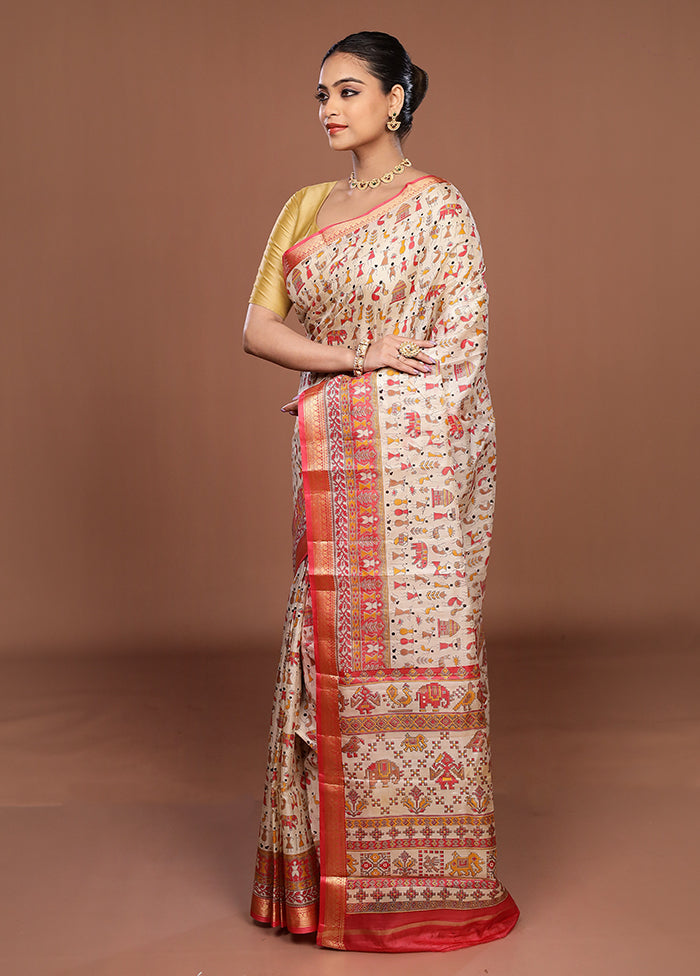 Cream Printed Pure Silk Saree Without Blouse Piece