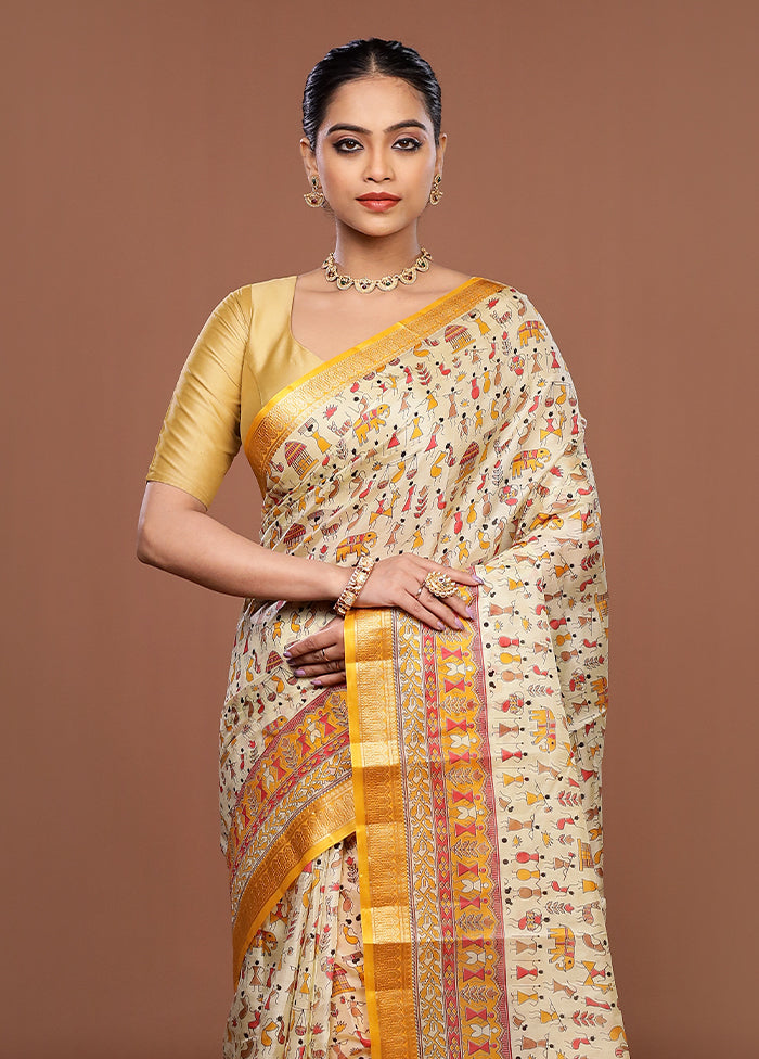 Cream Printed Pure Silk Saree Without Blouse Piece