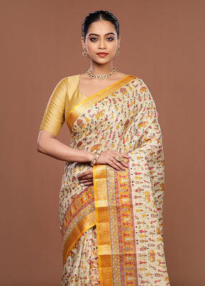 Cream Printed Pure Silk Saree Without Blouse Piece