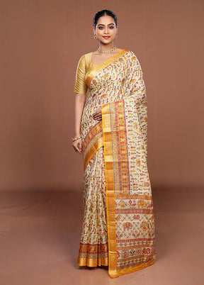 Cream Printed Pure Silk Saree Without Blouse Piece