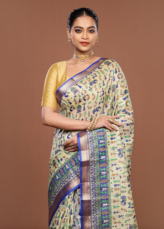 Cream Printed Pure Silk Saree Without Blouse Piece