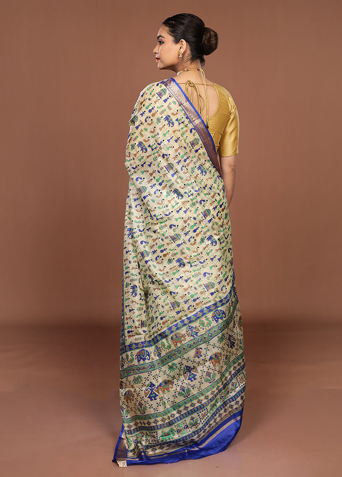 Cream Printed Pure Silk Saree Without Blouse Piece