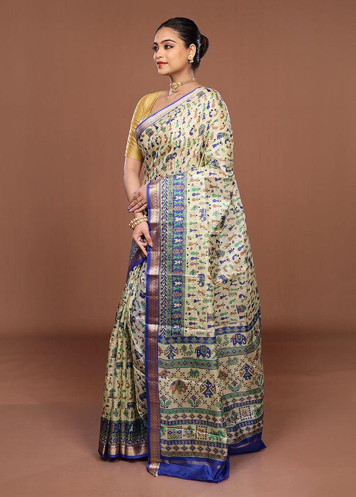Cream Printed Pure Silk Saree Without Blouse Piece