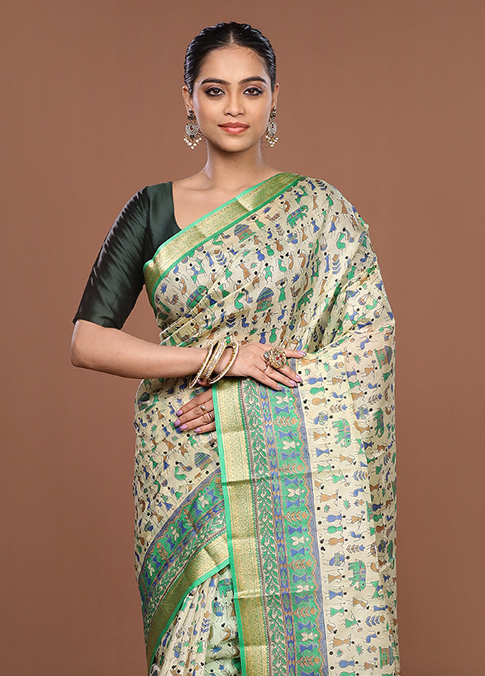 Cream Printed Pure Silk Saree Without Blouse Piece