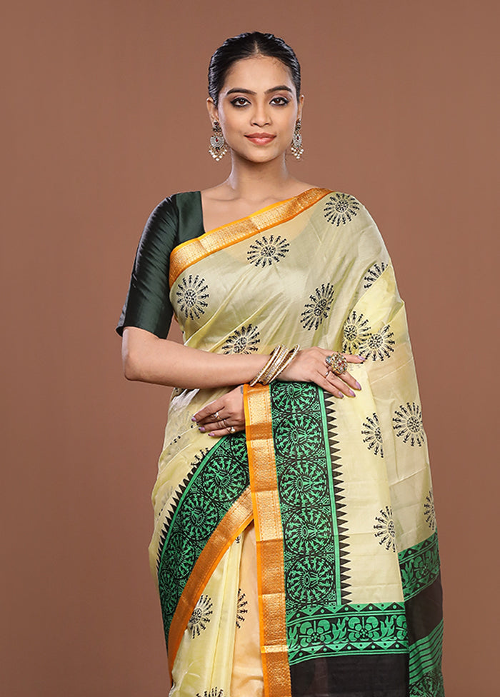Cream Printed Pure Silk Saree Without Blouse Piece