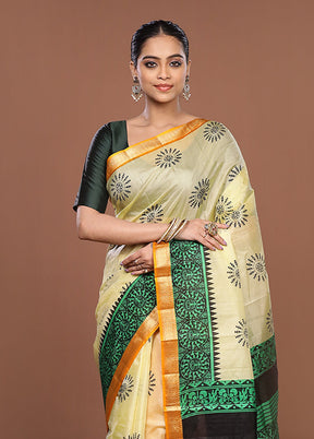 Cream Printed Pure Silk Saree Without Blouse Piece