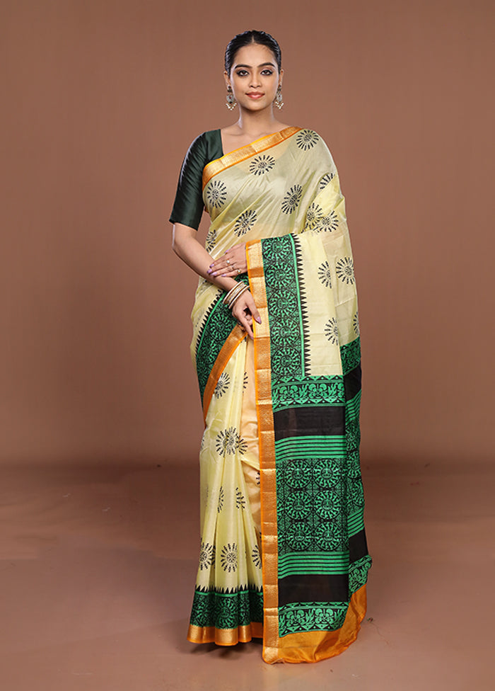 Cream Printed Pure Silk Saree Without Blouse Piece