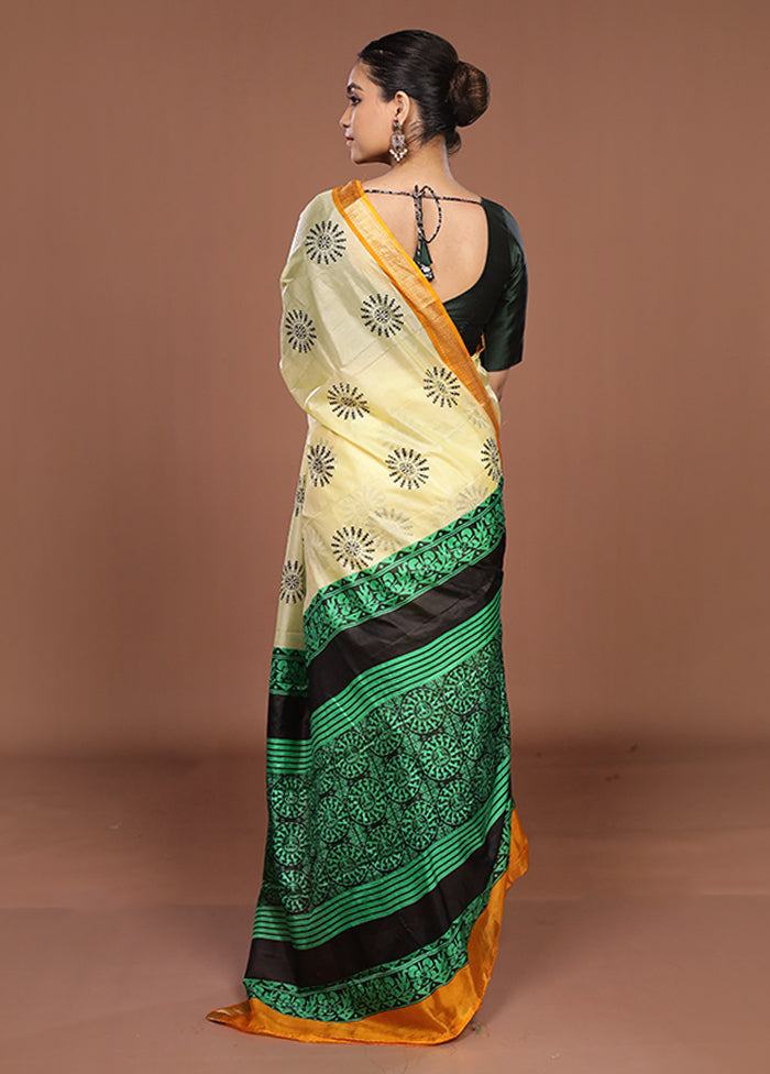 Cream Printed Pure Silk Saree Without Blouse Piece