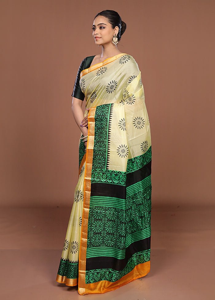 Cream Printed Pure Silk Saree Without Blouse Piece