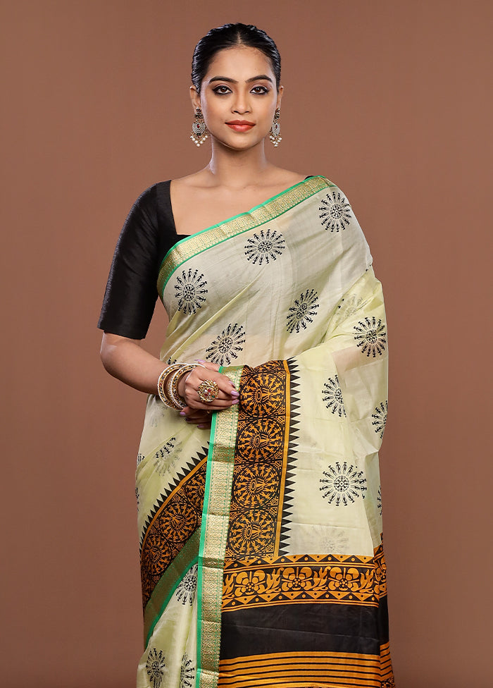Cream Printed Pure Silk Saree Without Blouse Piece
