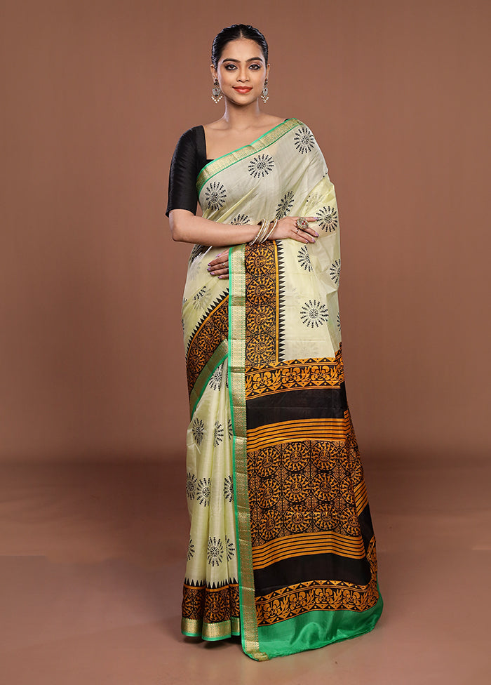 Cream Printed Pure Silk Saree Without Blouse Piece