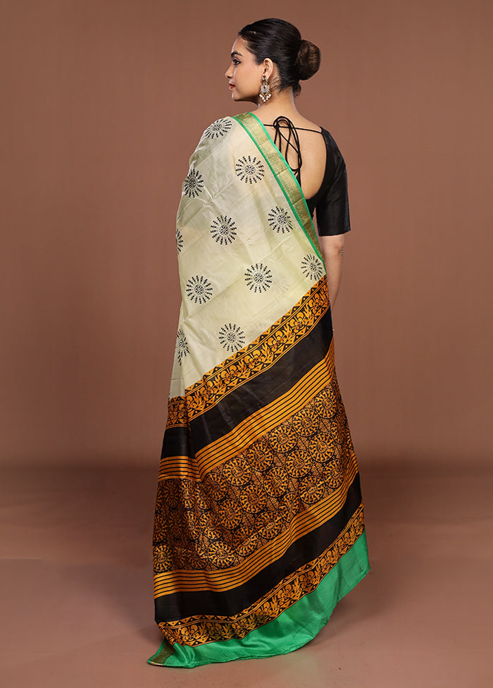Cream Printed Pure Silk Saree Without Blouse Piece